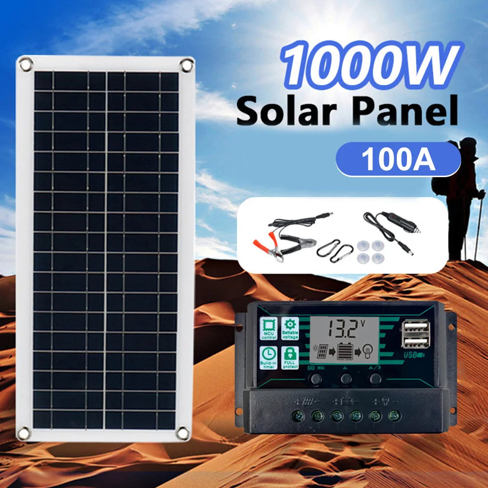 1000W 12V Solar Battery Charger & Maintainer Portable 12 Volt Solar Panel Charging Kit for Car Automotive Boat RV Marine