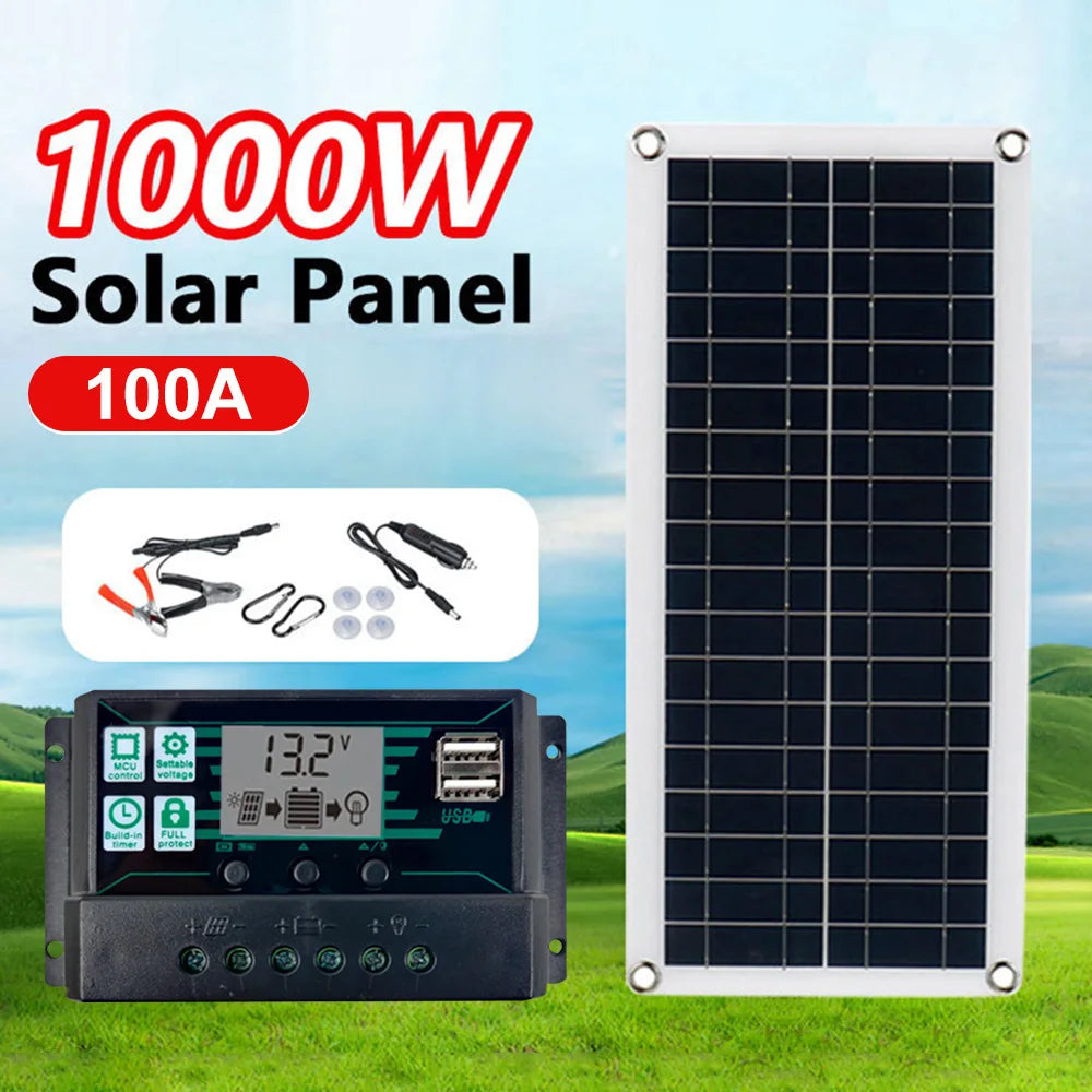 1000W 12V Solar Battery Charger & Maintainer Portable 12 Volt Solar Panel Charging Kit for Car Automotive Boat RV Marine