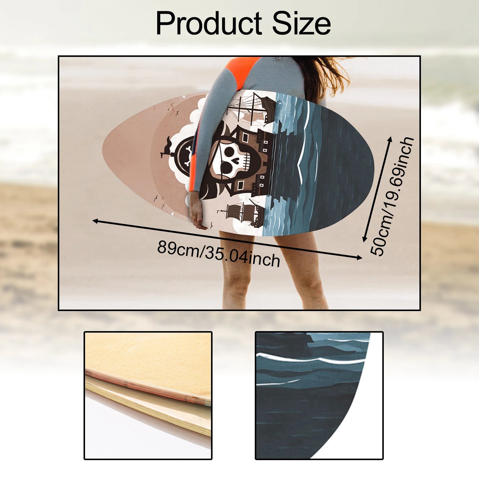 35inch Beach Skimboard Surfboard Beach Sand Board Wood Body Board with High Gloss Coating for Outdoor Water Sports Surfing