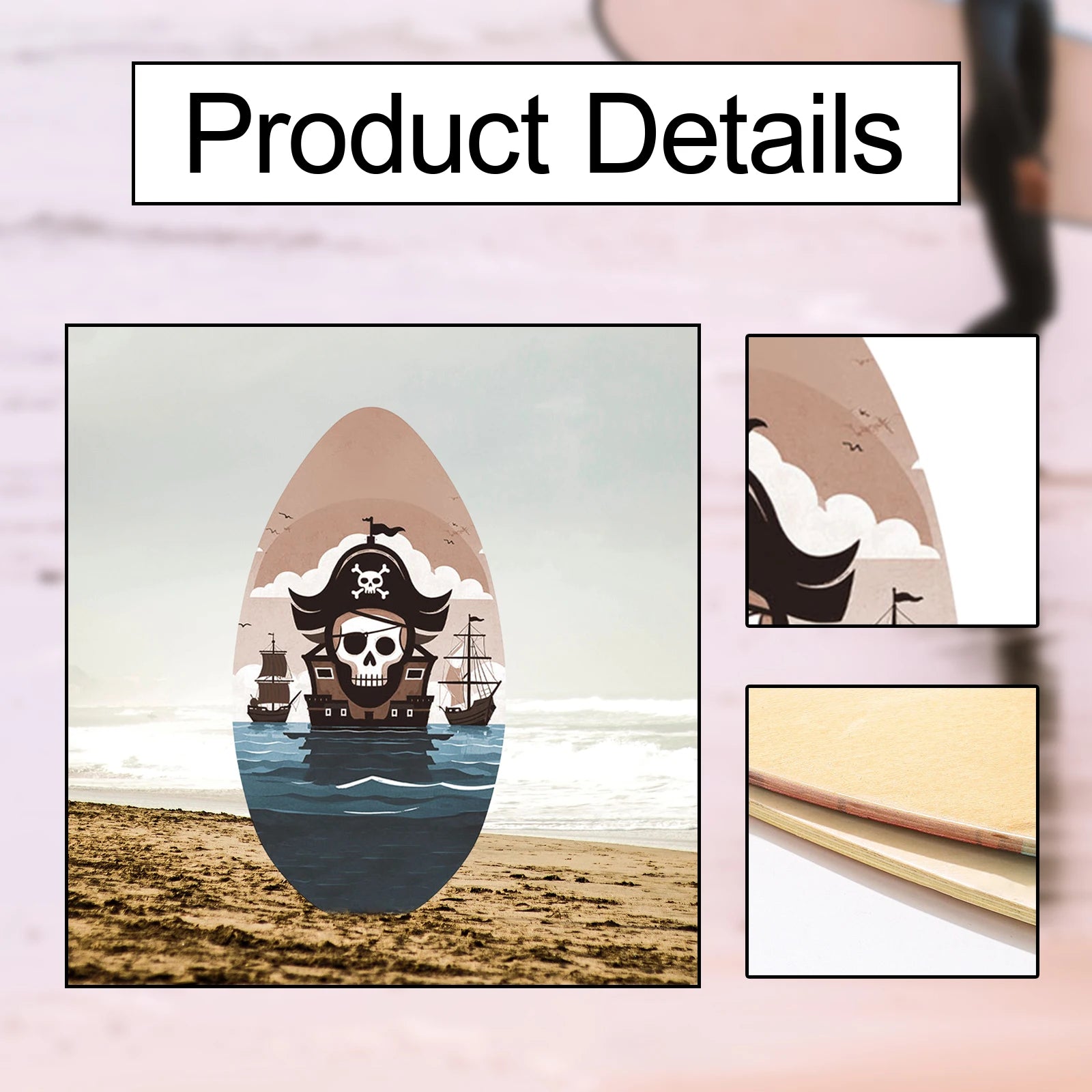 35inch Beach Skimboard Surfboard Beach Sand Board Wood Body Board with High Gloss Coating for Outdoor Water Sports Surfing