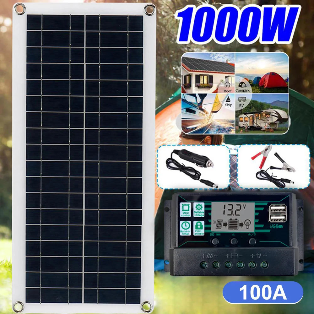 1000W 12V Solar Battery Charger & Maintainer Portable 12 Volt Solar Panel Charging Kit for Car Automotive Boat RV Marine