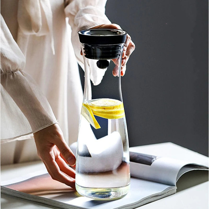 Water Bottle 1.8L High Borosilicate Glass Bottle Basic Tilting  Stainless Steel Lid Closure Jug  Hot and Cold Juice Beverage Tea