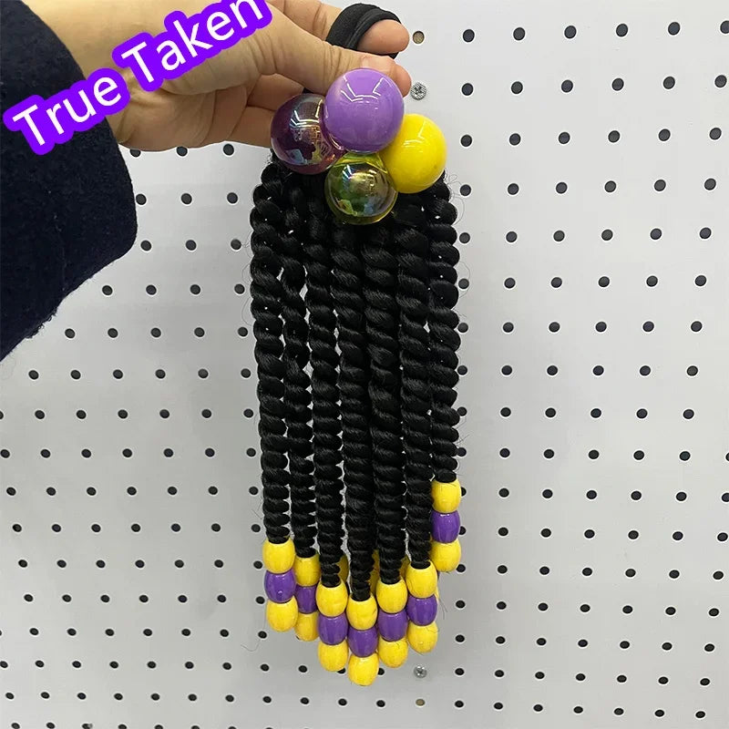 2PCS  Hair 2024 New Little Girls Braided Ponytails with Beads Kids Girls Hair Bow Glitter Shinny Shining with Big Balls Bubbles