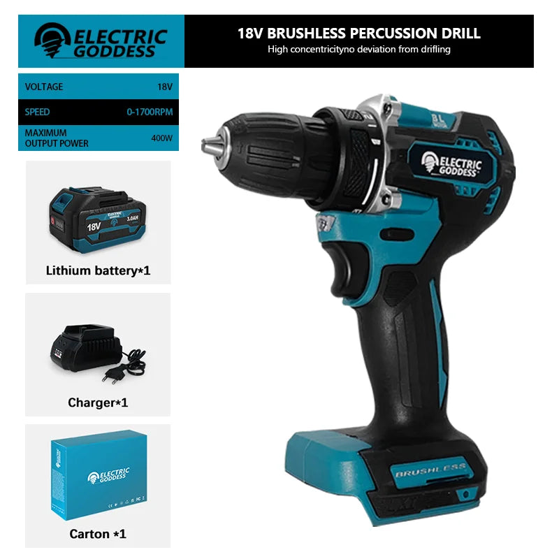 1/2 inch 1700RPM cordless drill, compact hammer drill, brushless motor, lithium electric drive, suitable for 18V Makita battery