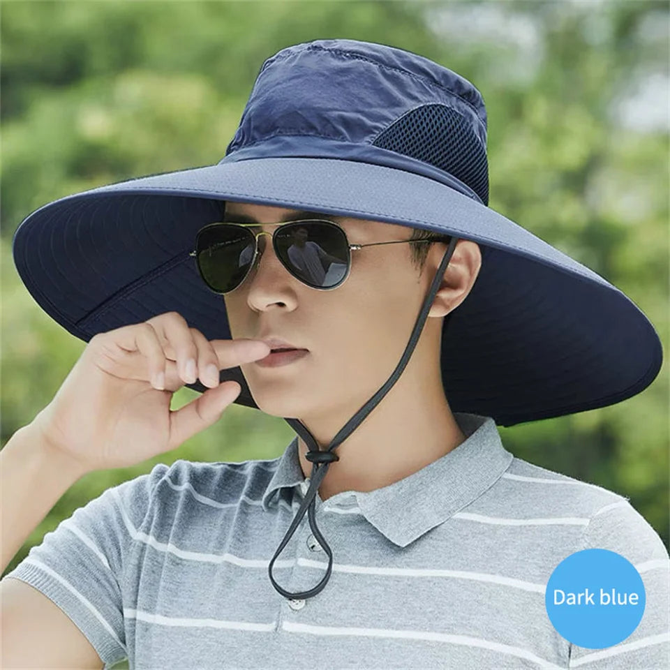 15cm Large Brim Polyester Sun Hat UV Protection Breathable Mesh Cap Foldable Men and Women Outdoor Fishing Hiking Beach Caps