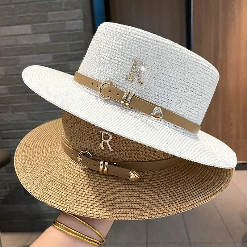 2024 New Metal R Letter Buckle Straw Hat Leisure Summer Sunscreen Hat Women's Fashionable Beach Hat Vintage Hat Church Hats
