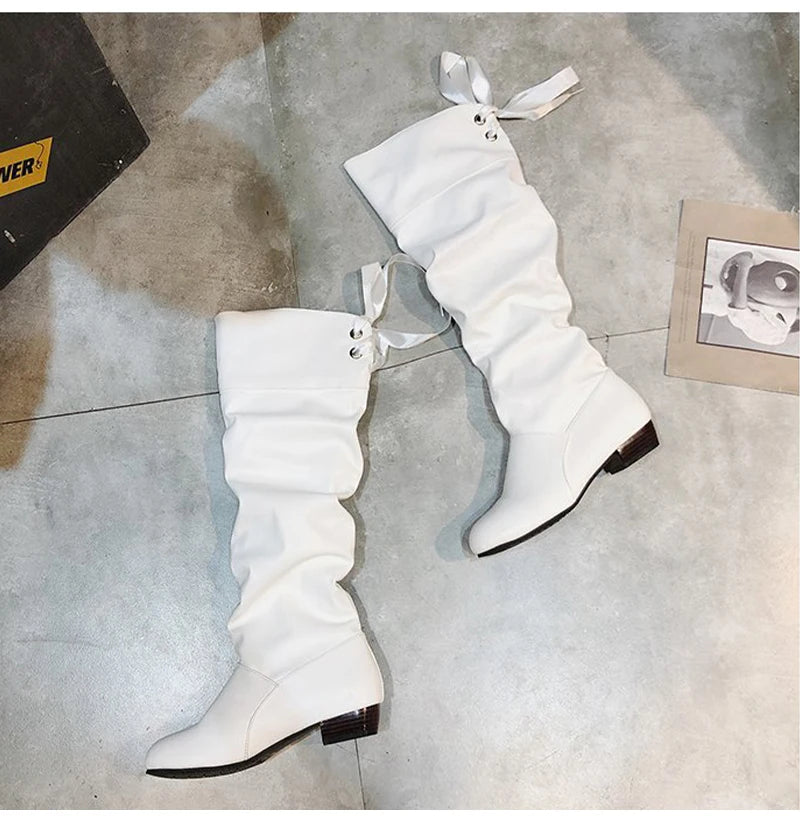 2023Shoes For Women  Knee High Boots Red Black White Tall Boots Woman Pleated Low Heel Casual Leather Female Long Shoes