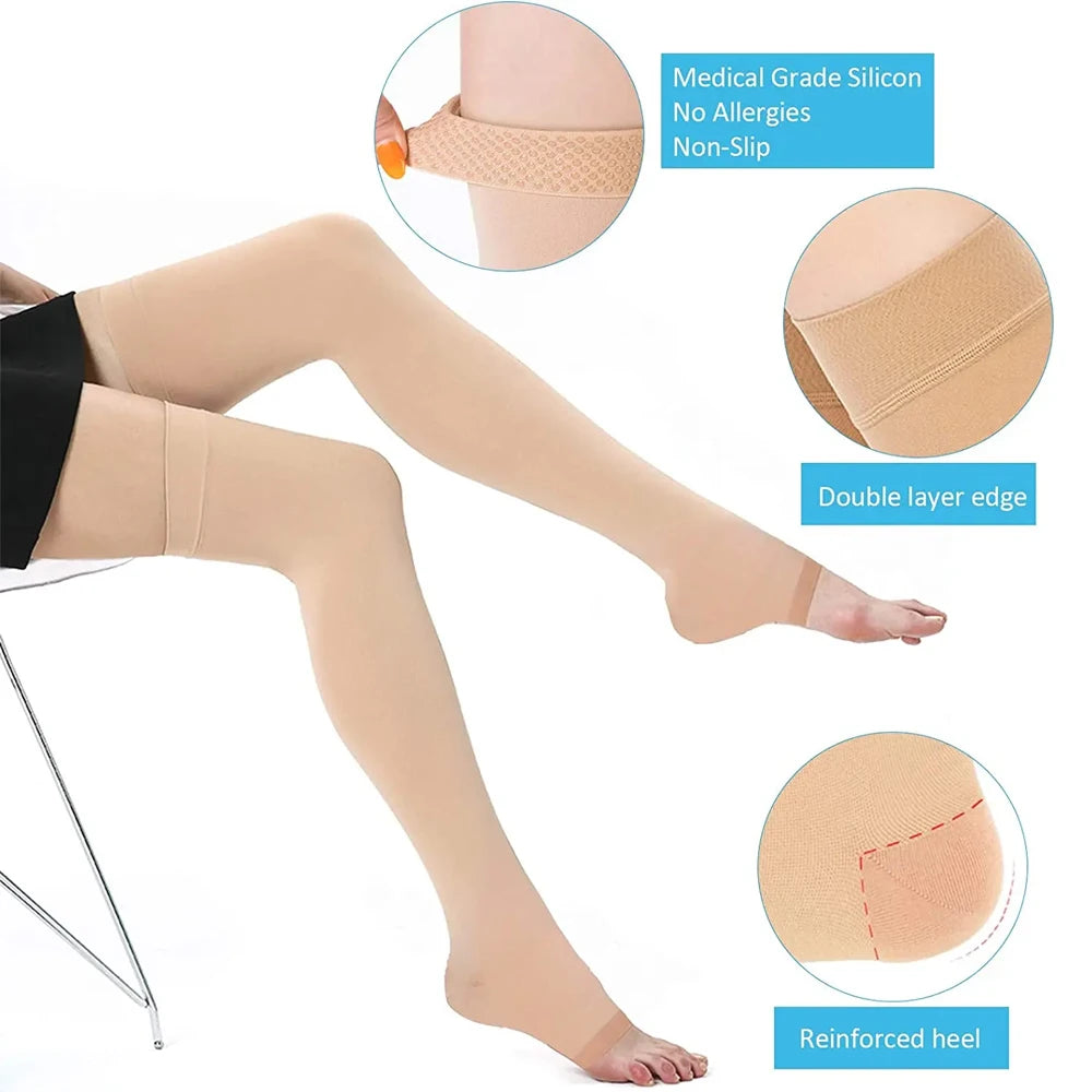 1Pair Thigh High Compression Stockings for Women,Open Toe, 20-30 mmHg Graduated Medical Compression Stockings for Edema