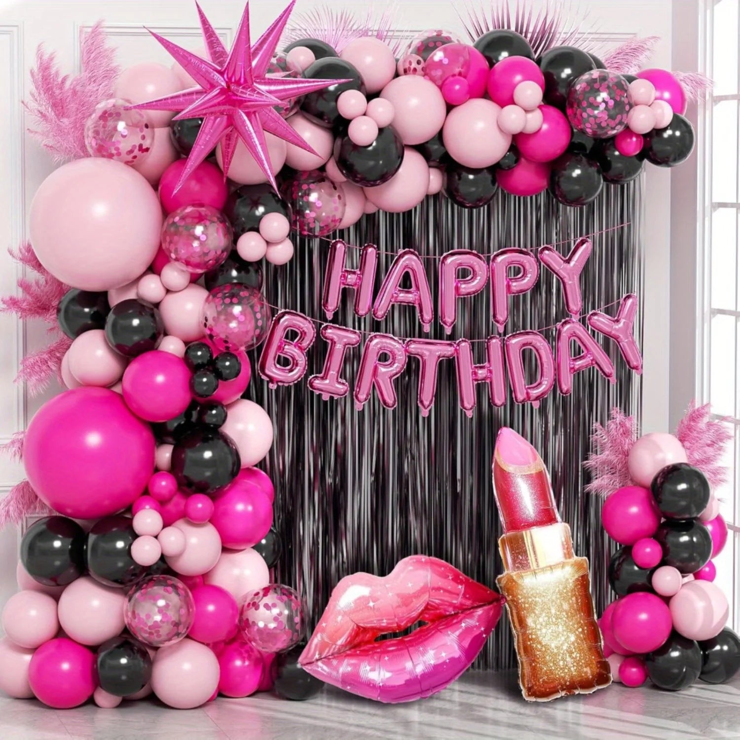 136pcs Valentine's Day Pink and Black Theme Birthday Balloon Set, Suitable for Birthday, Valentine's Day, Engagement Decoration