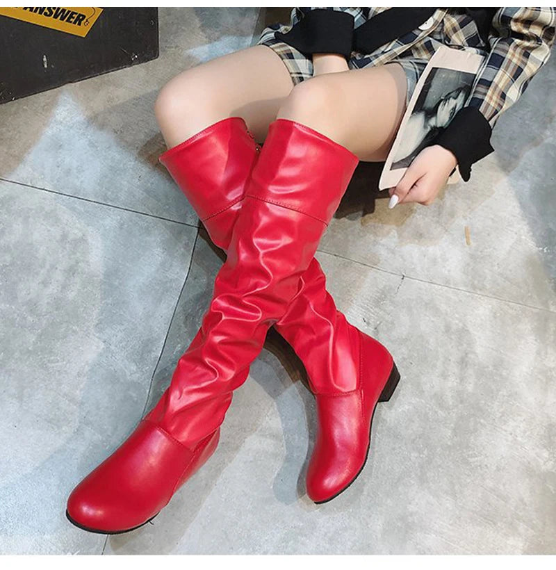 2023Shoes For Women  Knee High Boots Red Black White Tall Boots Woman Pleated Low Heel Casual Leather Female Long Shoes