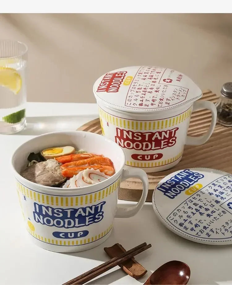 1pc Large Capacity Ceramic Instant Noodle Bowl with Cover，Perfect for Dorms and Home Kitchens - Keep Your Noodles Fresh and Warm
