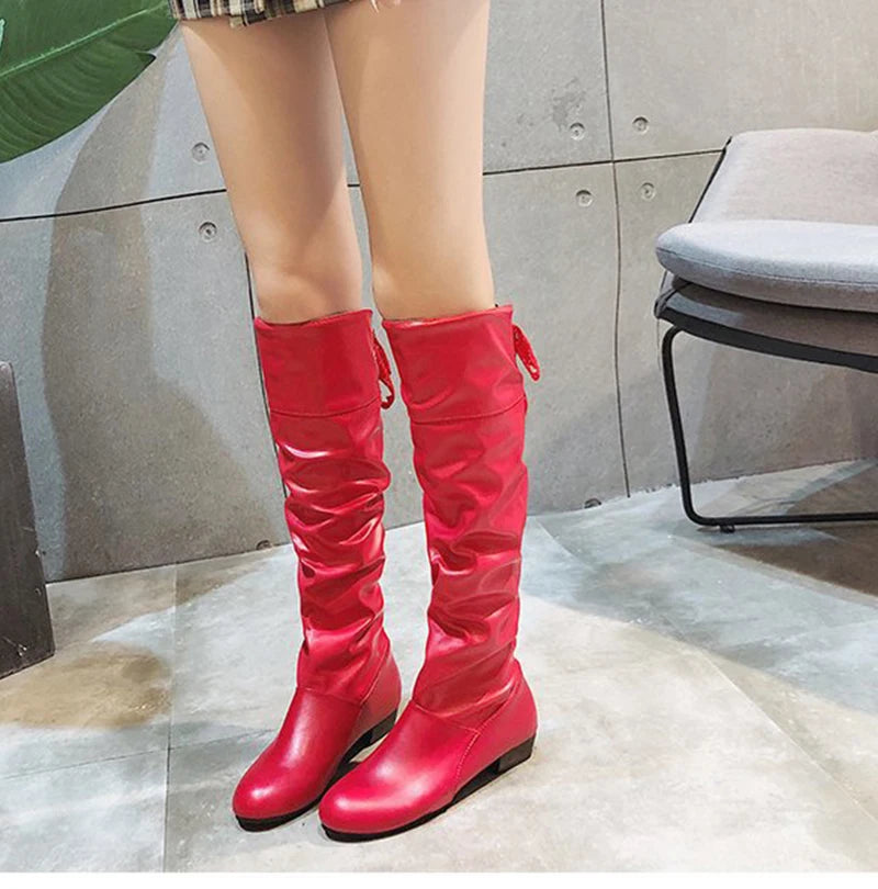 2023Shoes For Women  Knee High Boots Red Black White Tall Boots Woman Pleated Low Heel Casual Leather Female Long Shoes
