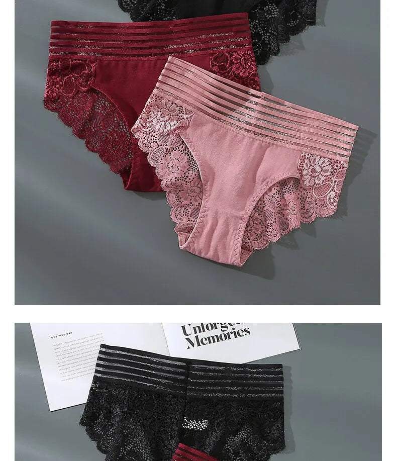 3Pcs Sexy Lace Panties Women's Underpants Solid Color Briefs Breathable Intimates Panties Female Underwear Seamless Lingeries