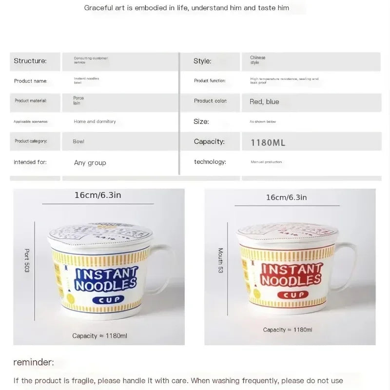 1pc Large Capacity Ceramic Instant Noodle Bowl with Cover，Perfect for Dorms and Home Kitchens - Keep Your Noodles Fresh and Warm