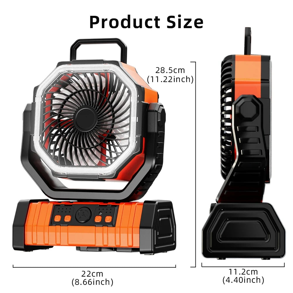 20000mAh Battery Operated Fan Portable Rechargeable Desk/Camping Fan with LED Light and Hook Outdoor Fan for Tent Car Trip