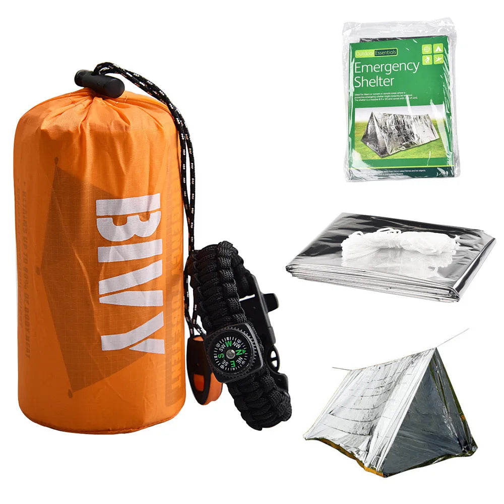 2 Person Emergency Shelter Survival Bivy Tube Tent Kit Thermal Blanket SOS Sleeping Bag Waterproof Survival Equipment