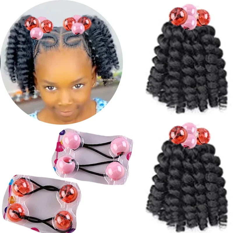 2PCS  Hair 2024 New Little Girls Braided Ponytails with Beads Kids Girls Hair Bow Glitter Shinny Shining with Big Balls Bubbles