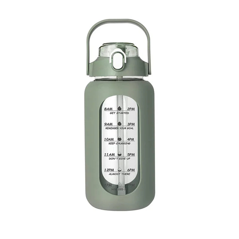 1000ML Glass Water Bottles with Straw, Glass Bottle with Silicone Sleeve and Time Marker, for Gym Camping Home Office