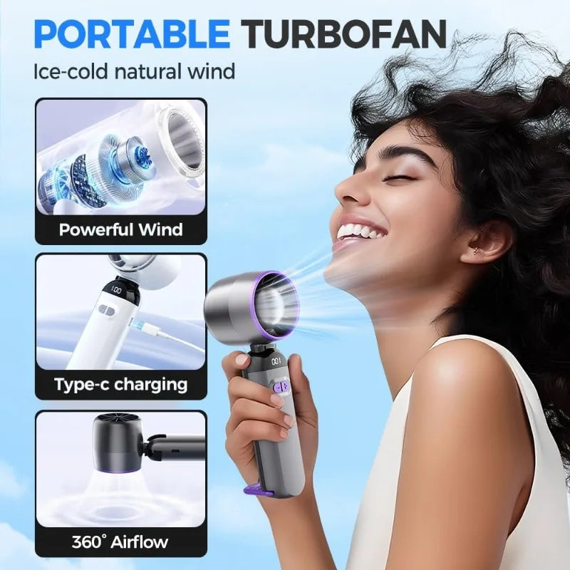 2025 New Portable Handheld Turbo Fan 5 Gear Wind Battery Operated Mini Turbo Fan for Concerts Cruise Makeup Outdoor Activities