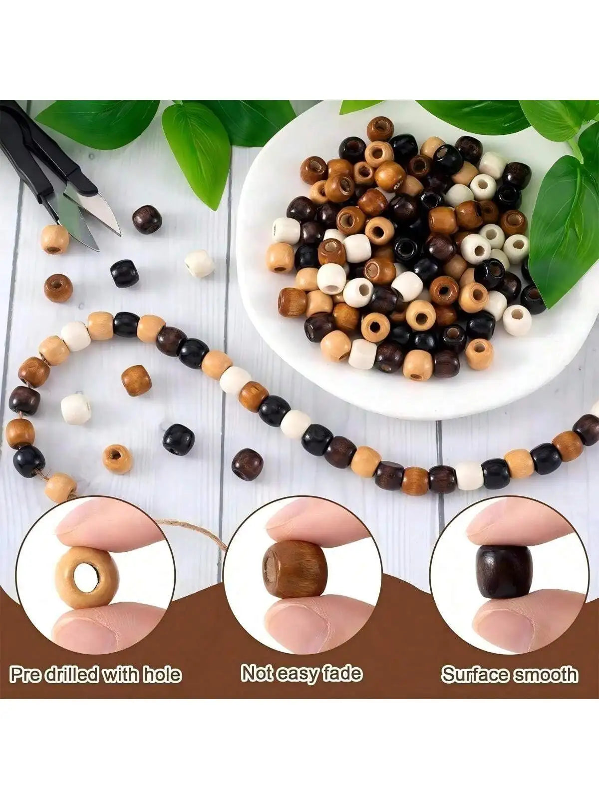 150pcs large hole wooden beads, 5 colors retro giant wooden loose lace beads 0.43x4.47in hair beads used for weaving hair rings,