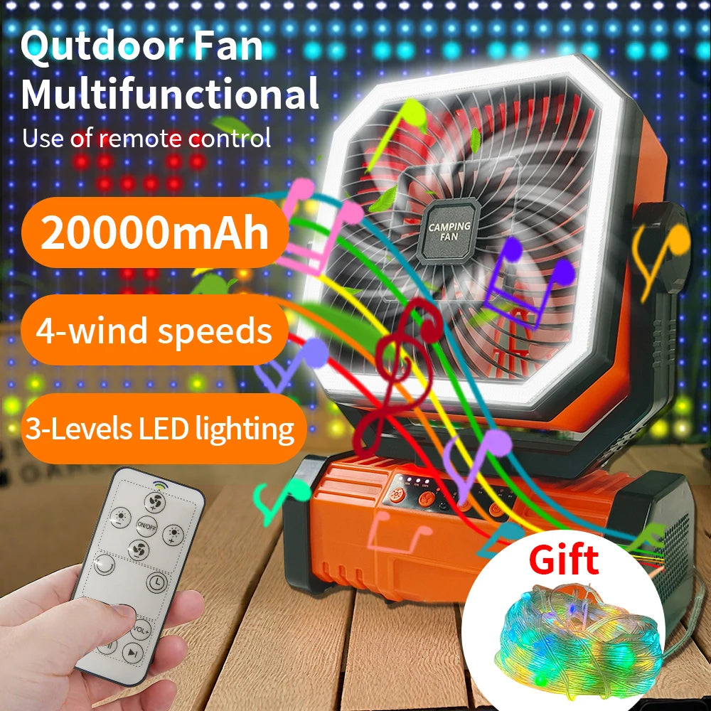 20000mAh Battery Operated Fan Portable Rechargeable Desk/Camping Fan With LED Light and Hook Outdoor Fan for Tent Car Trip