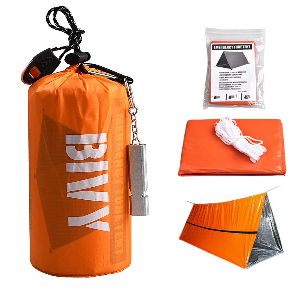 2 Person Emergency Shelter Survival Bivy Tube Tent Kit Thermal Blanket SOS Sleeping Bag Waterproof Survival Equipment