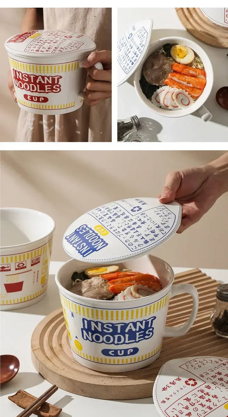 1pc Large Capacity Ceramic Instant Noodle Bowl with Cover，Perfect for Dorms and Home Kitchens - Keep Your Noodles Fresh and Warm