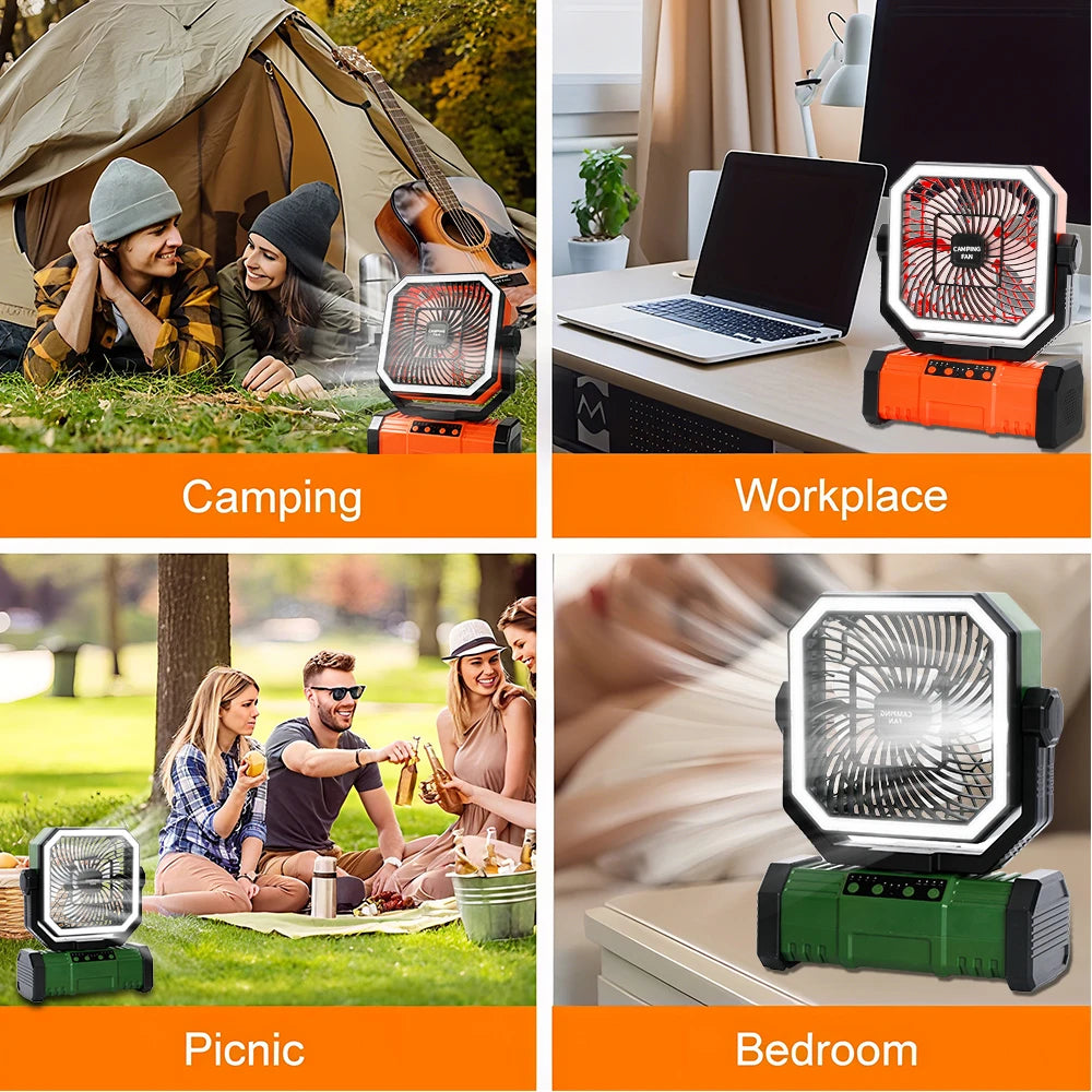 20000mAh Battery Operated Fan Portable Rechargeable Desk/Camping Fan With LED Light and Hook Outdoor Fan for Tent Car Trip
