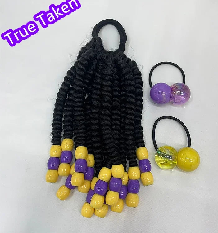 2PCS  Hair 2024 New Little Girls Braided Ponytails with Beads Kids Girls Hair Bow Glitter Shinny Shining with Big Balls Bubbles