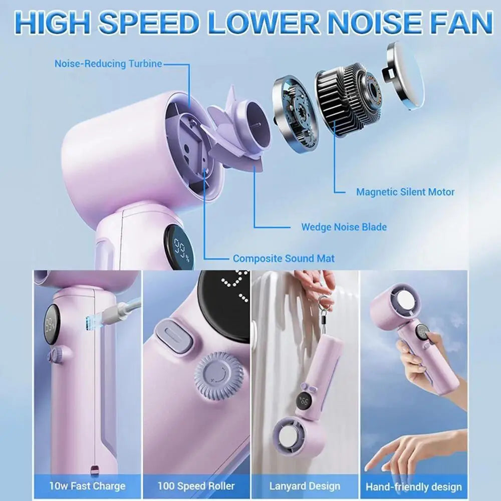 15h Long Battery Portable Fans 12W 4000mAh Handheld Mini Fan With LED Display 100 Speeds Rechargeable Quite Fan For Beach Travel