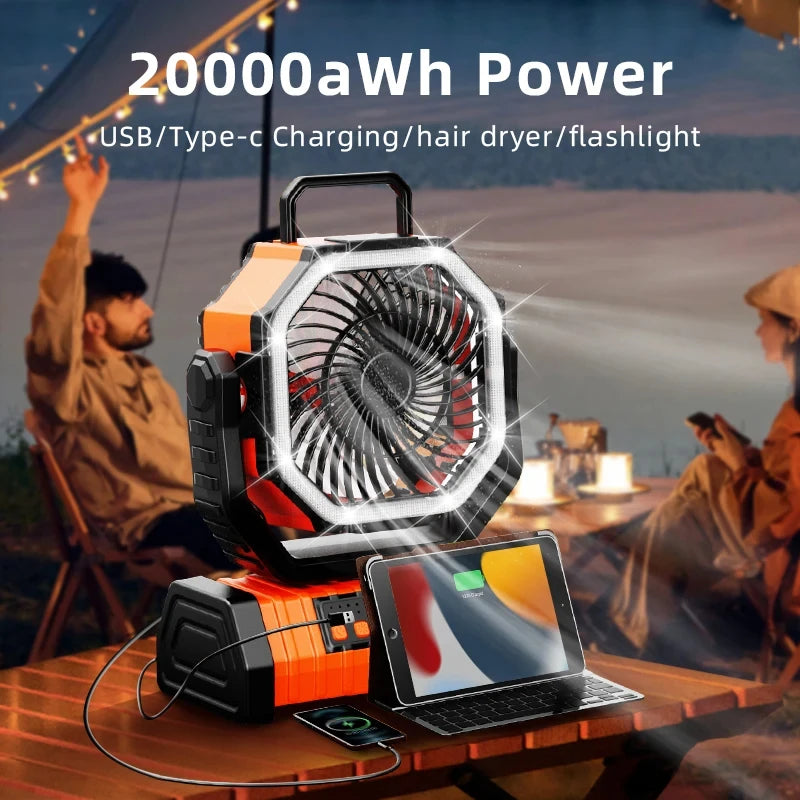 20000mAh Battery Operated Fan Portable Rechargeable Desk/Camping Fan with LED Light and Hook Outdoor Fan for Tent Car Trip