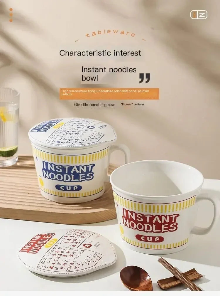 1pc Large Capacity Ceramic Instant Noodle Bowl with Cover，Perfect for Dorms and Home Kitchens - Keep Your Noodles Fresh and Warm