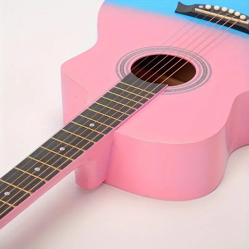 38inch Two-Color Wooden Guitar - Suitable for Beginners, Complete Accessories: Bag, Pick, Bridge Clip, Shoulder Strap, Strings, Cloth - Available in White, Pink, Blue, Black