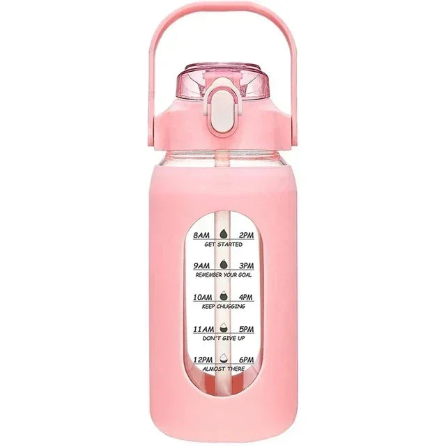 1000ML Glass Water Bottles with Straw, Glass Bottle with Silicone Sleeve and Time Marker, for Gym Camping Home Office