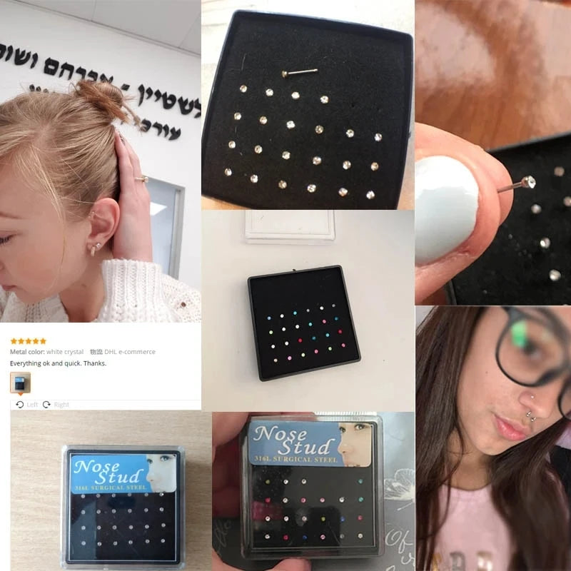 24pcs Crystal Nose Ring & Studs Fashion Body Women Girl Jewelry Stainless Surgical Steel Nose Piercing Colorful Rhinestone