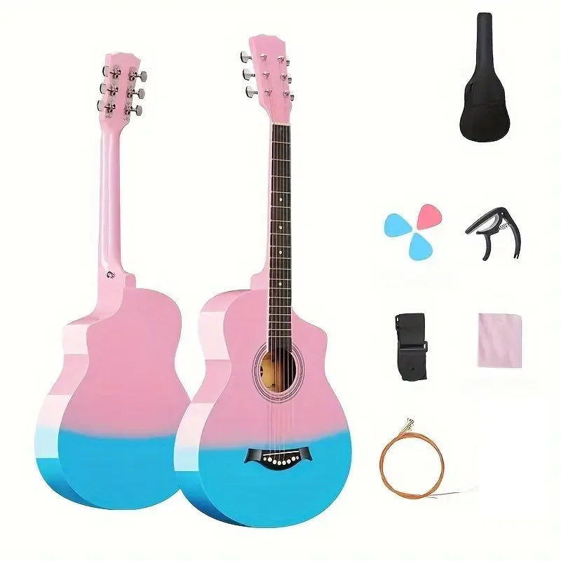 38inch Two-Color Wooden Guitar - Suitable for Beginners, Complete Accessories: Bag, Pick, Bridge Clip, Shoulder Strap, Strings, Cloth - Available in White, Pink, Blue, Black