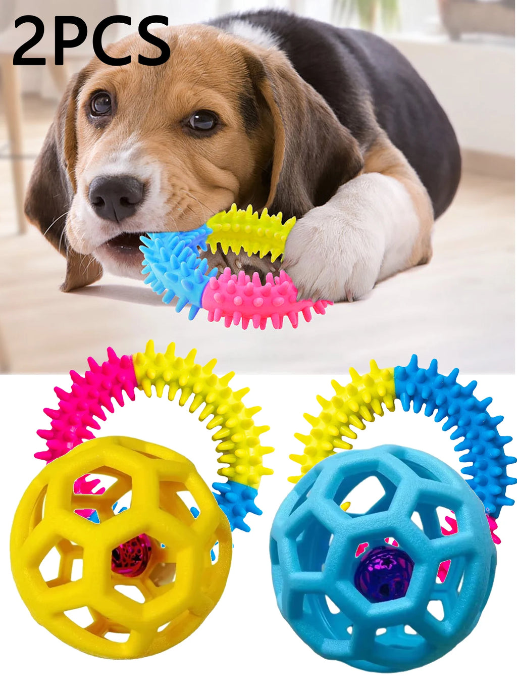 2 Pet Dog Toys: Bite-Resistant Bell Ball & Tri-Color Molar Ring, Soft Rubber for Teeth Grinding & Chewing
