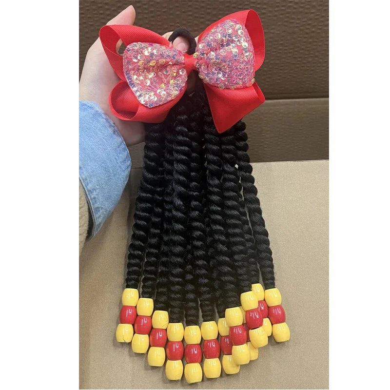 2PCS  Hair 2024 New Little Girls Braided Ponytails with Beads Kids Girls Hair Bow Glitter Shinny Shining with Big Balls Bubbles
