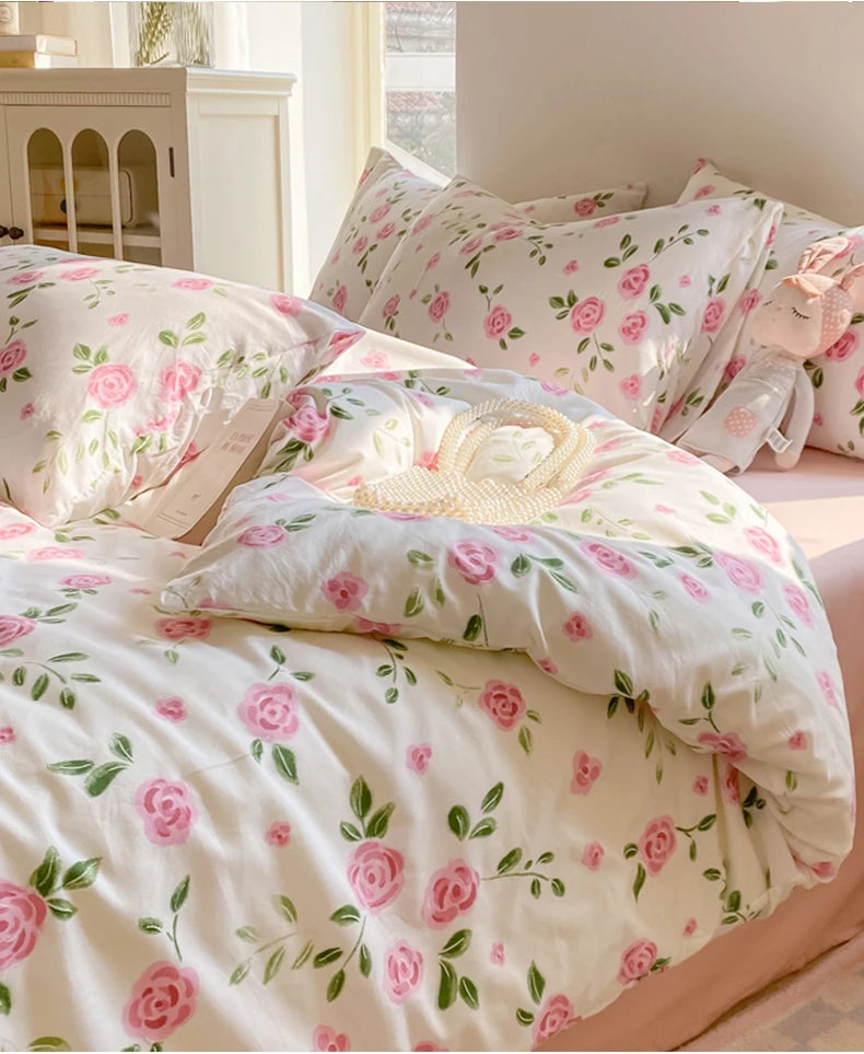3-piece plant-flower printed bed cover (1* bed cover +2* pillowcase, no filling) Soft, comfortable and breathable bedding