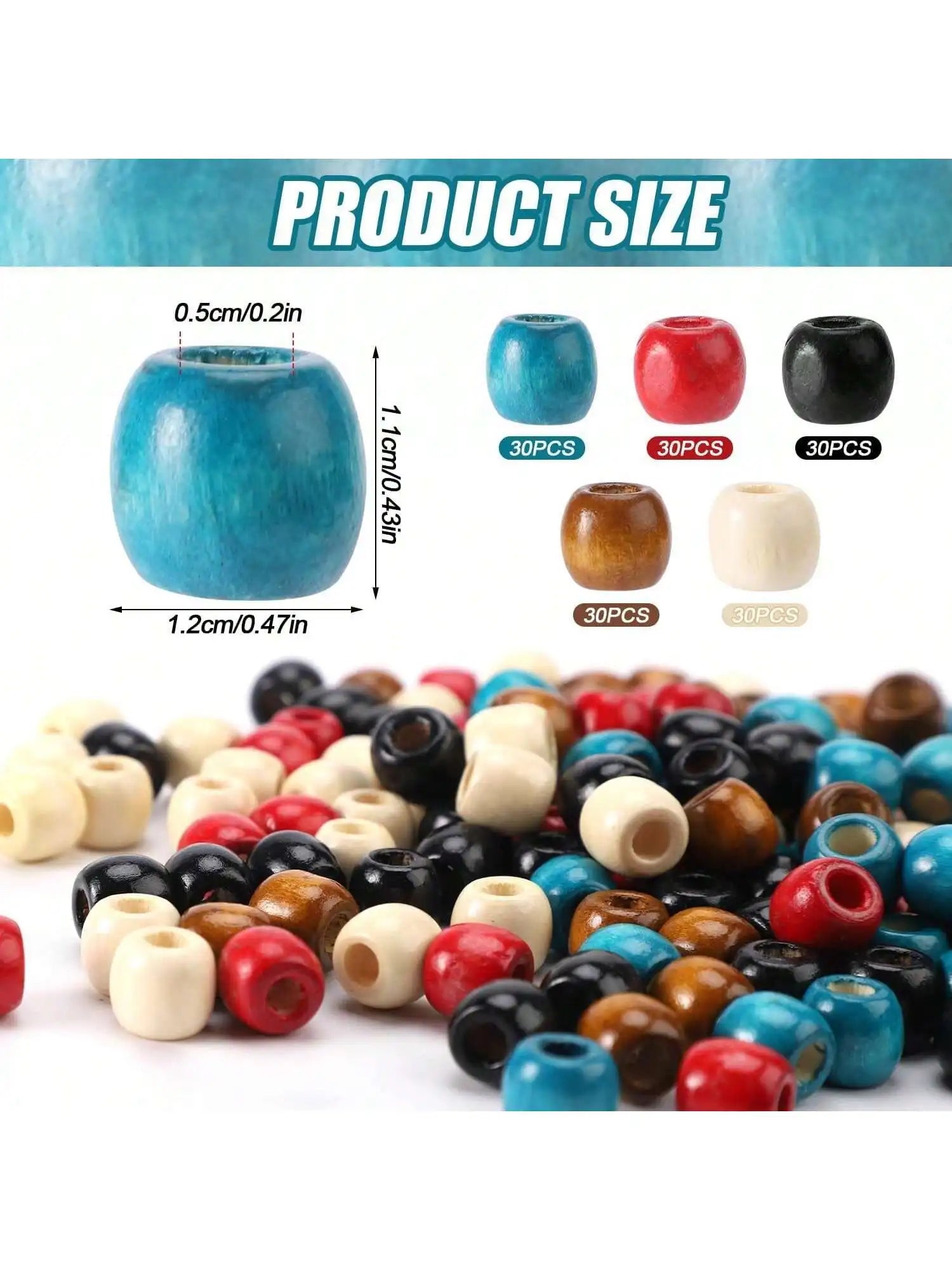 150pcs large hole wooden beads, 5 colors retro giant wooden loose lace beads 0.43x4.47in hair beads used for weaving hair rings,