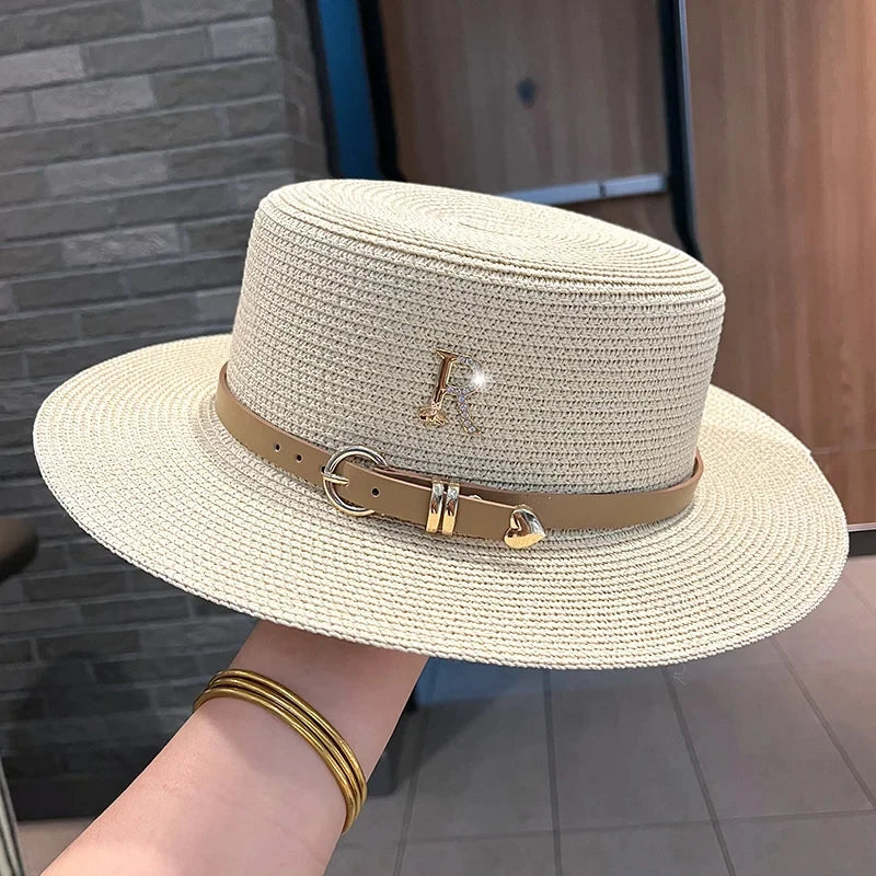 2024 New Metal R Letter Buckle Straw Hat Leisure Summer Sunscreen Hat Women's Fashionable Beach Hat Vintage Hat Church Hats