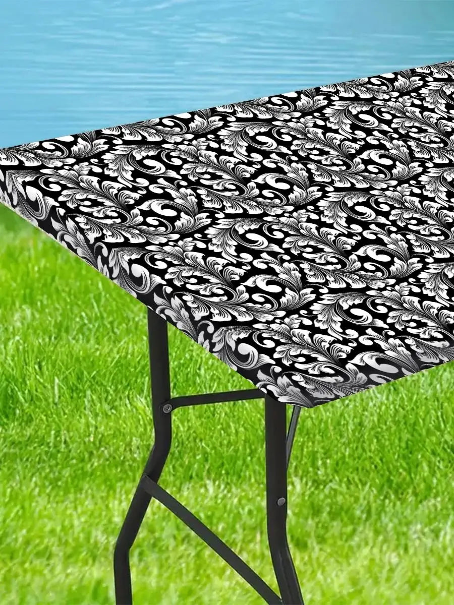 1pc Rectangular Tablecloth, Black Pattern Elastic Fit Tablecloth, Folding Table, Washable Tablecloth Graduation Party Decors
