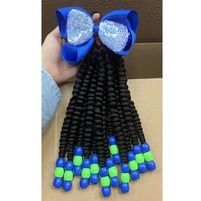 2PCS  Hair 2024 New Little Girls Braided Ponytails with Beads Kids Girls Hair Bow Glitter Shinny Shining with Big Balls Bubbles