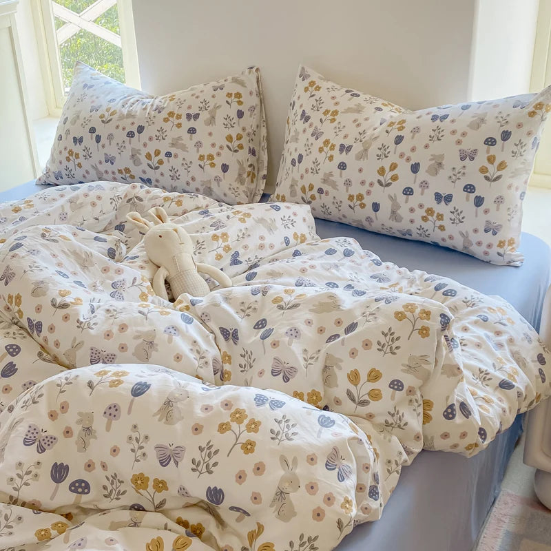 3-piece plant-flower printed bed cover (1* bed cover +2* pillowcase, no filling) Soft, comfortable and breathable bedding