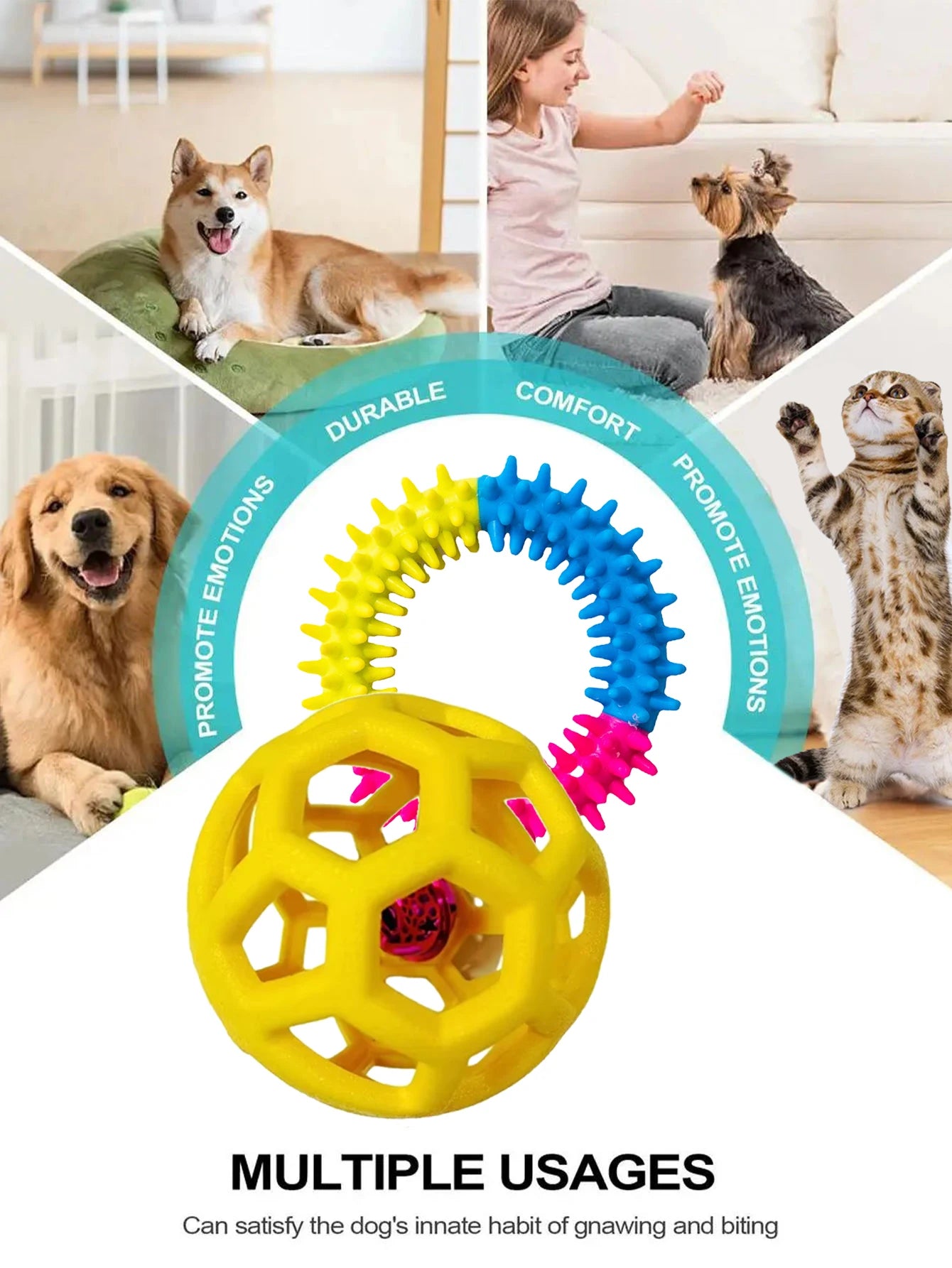 2 Pet Dog Toys: Bite-Resistant Bell Ball & Tri-Color Molar Ring, Soft Rubber for Teeth Grinding & Chewing