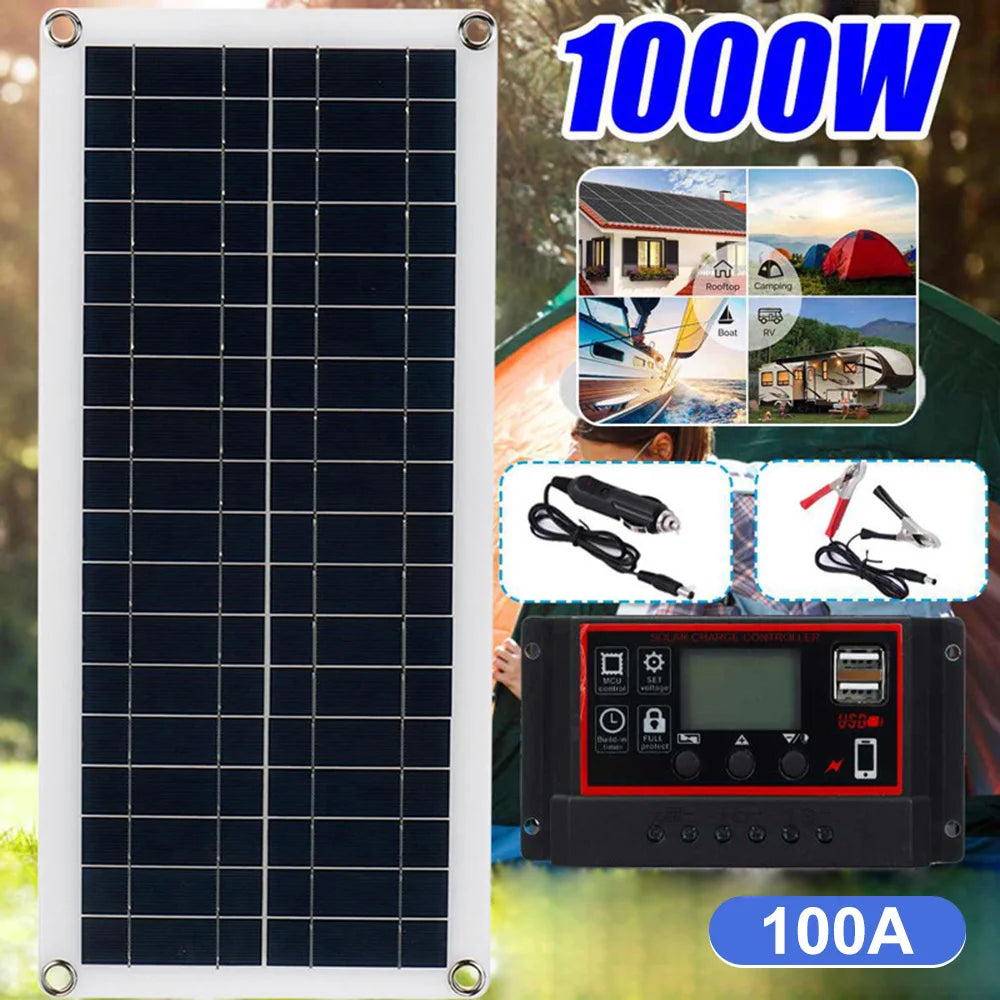 1000W 12V Solar Battery Charger & Maintainer Portable 12 Volt Solar Panel Charging Kit for Car Automotive Boat RV Marine Inveter