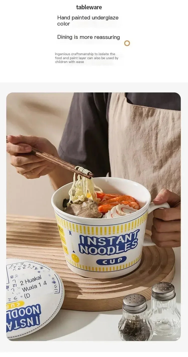 1pc Large Capacity Ceramic Instant Noodle Bowl with Cover，Perfect for Dorms and Home Kitchens - Keep Your Noodles Fresh and Warm