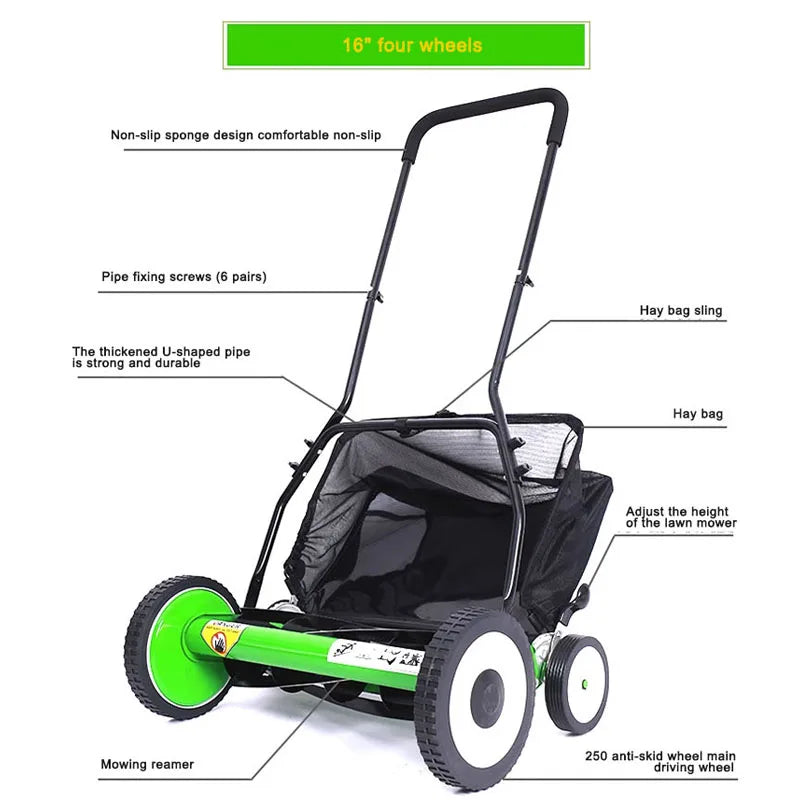 16" Four Wheels Multifunction Lawn Mower Hand Push Pruning Machine Garden Trimming Equipment Small Gardening Tools & Accesorries