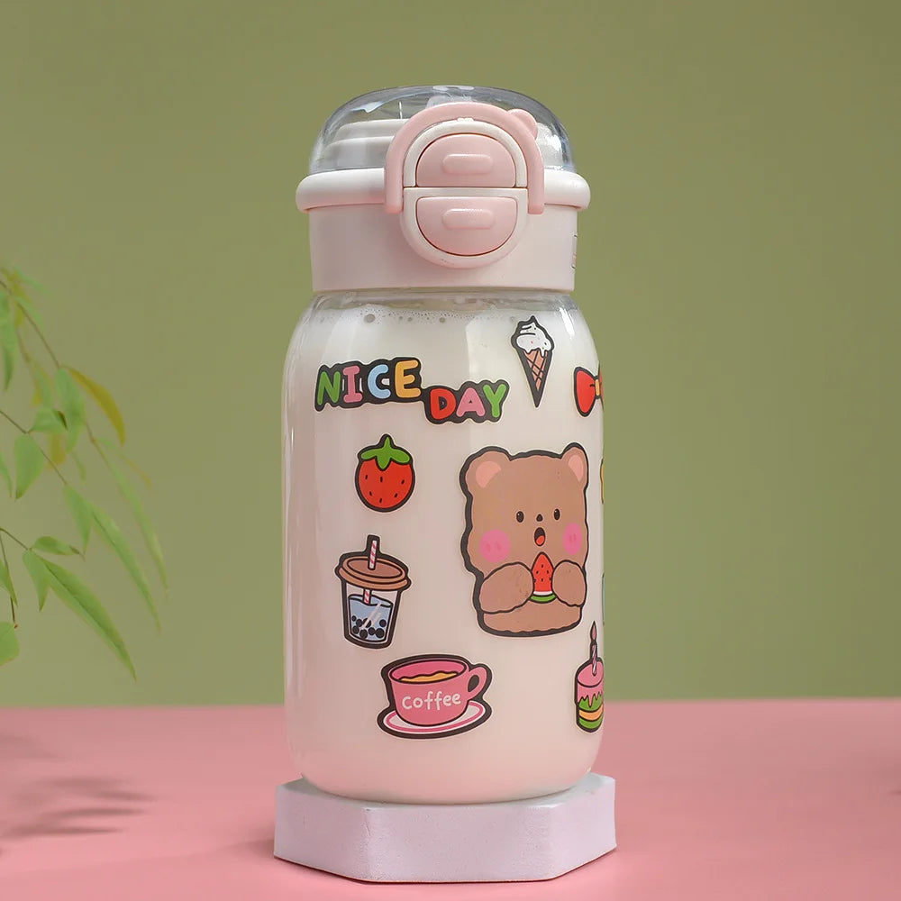 Cute Water Bottle with Straw Portable Plastic Pop-Up Cover Water Cup for Kid Kawaii Bottle Water Leak-Proof Cute Drinking Bottle