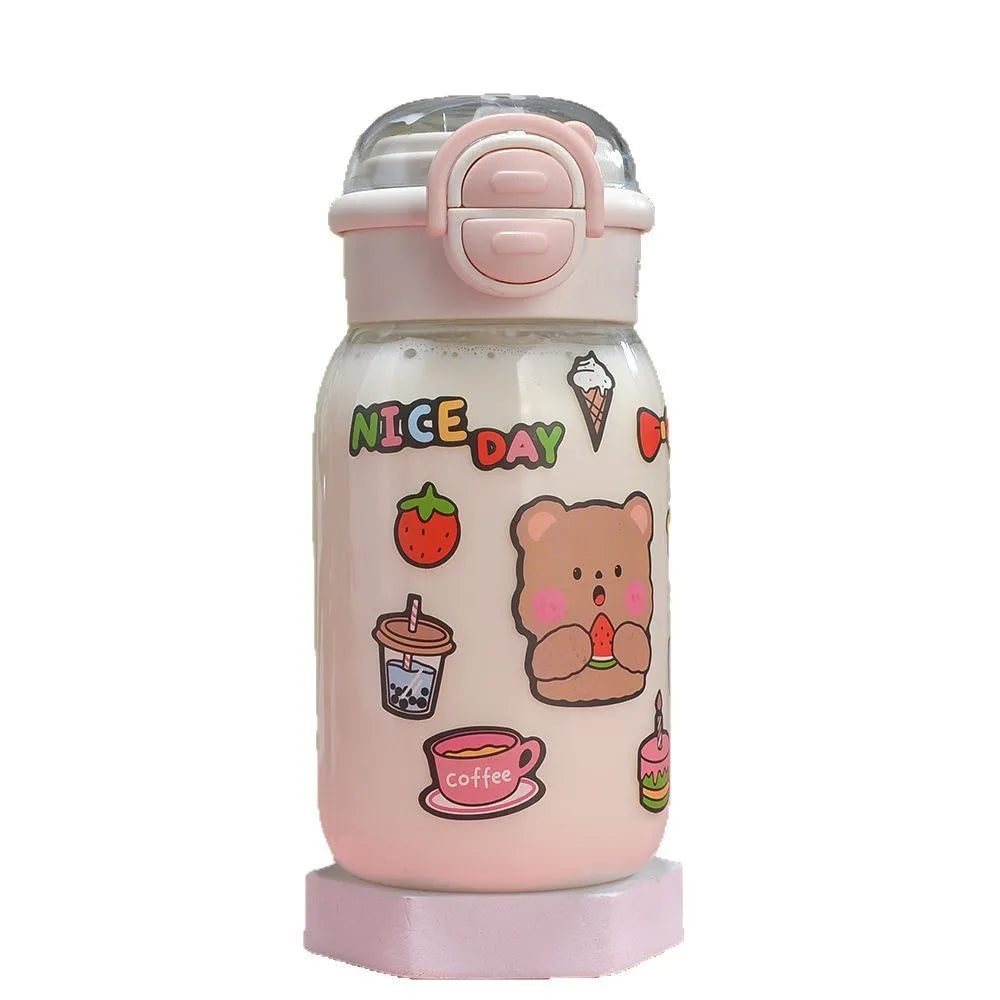 Cute Water Bottle with Straw Portable Plastic Pop-Up Cover Water Cup for Kid Kawaii Bottle Water Leak-Proof Cute Drinking Bottle